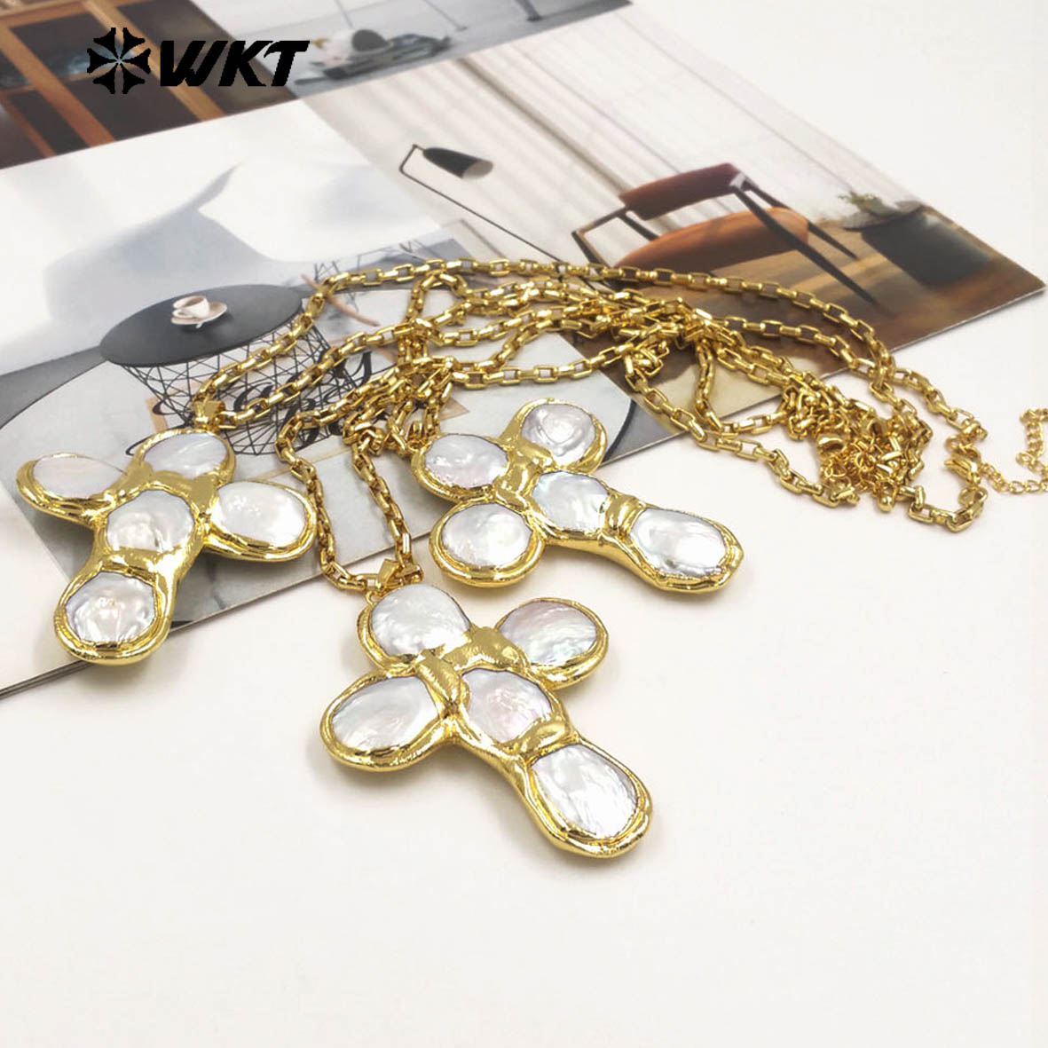 WT-JN349 Collar con Cruz de Pe - Pearl Trim Chain reseña y precio